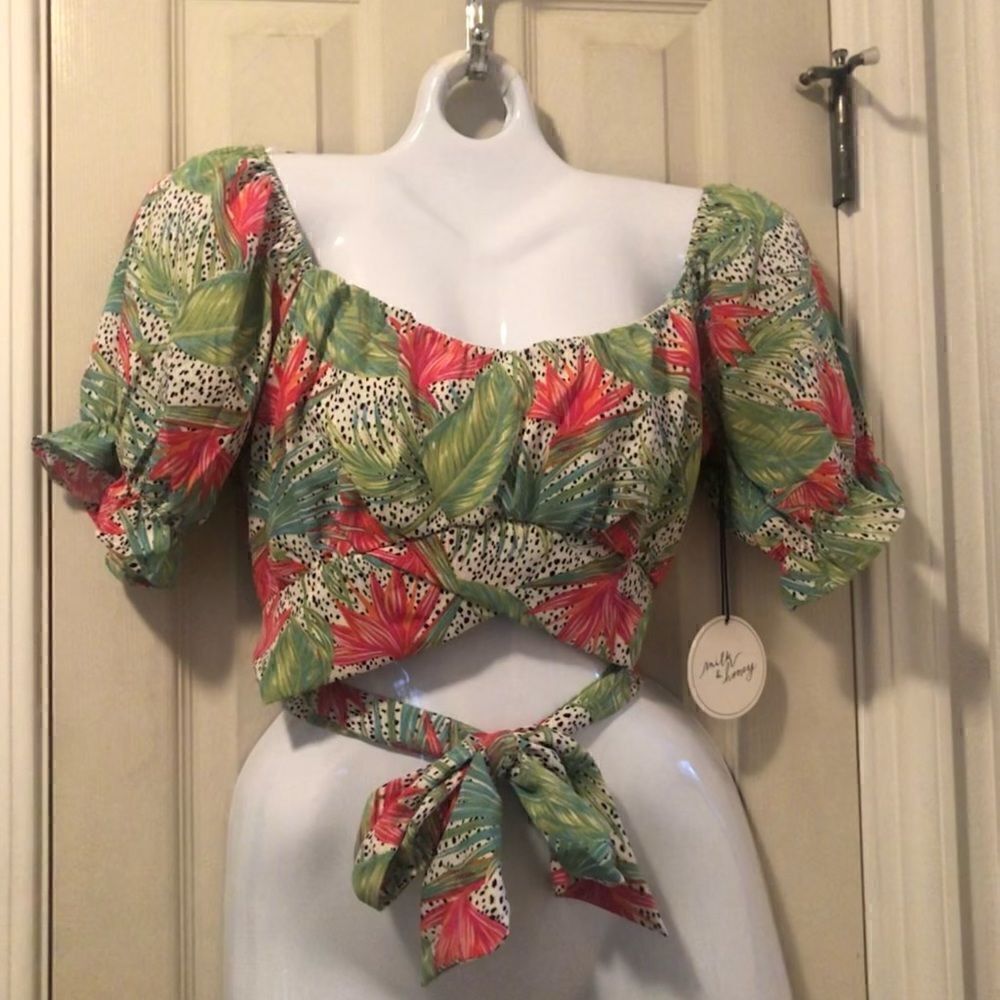 Milk & honey crop top w/ elastic back and ties around - cute - tropical print